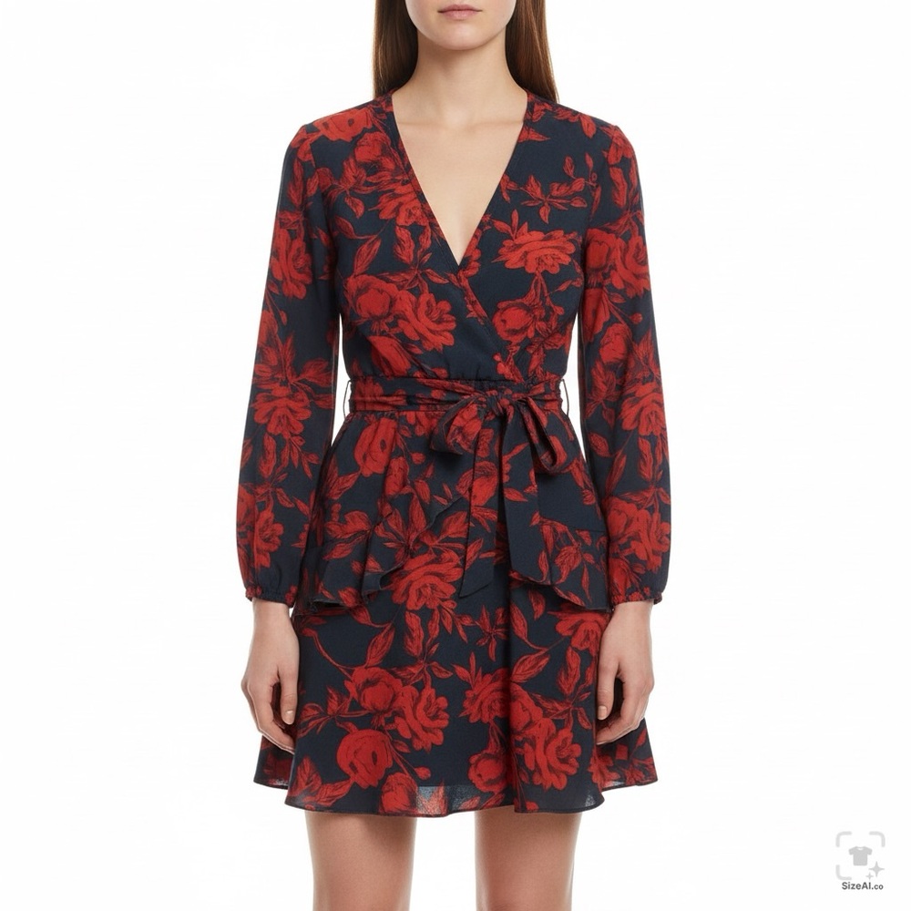 UGuest Women Medium Red Black Floral Long Sleeve V-Neck Ruffle Belt Mini Dress